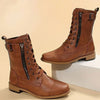 Combat Boots Faux Leather Lace Up Side Zip Chunky Sole Mid Calf Boots | Eleanor
