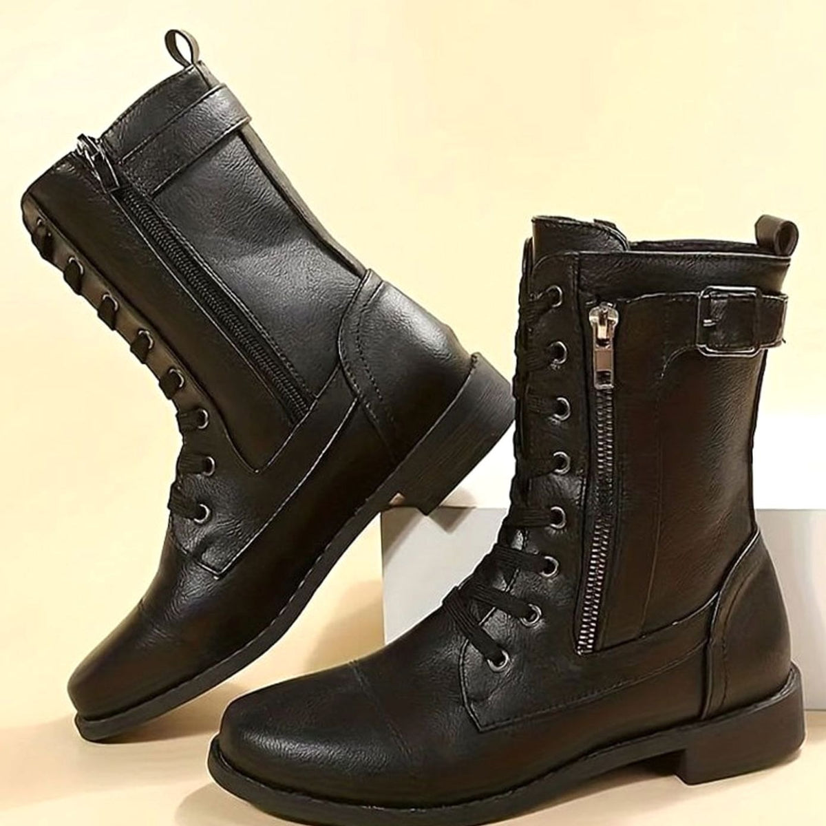 Combat Boots Faux Leather Lace Up Side Zip Chunky Sole Mid Calf Boots | Eleanor