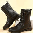 Combat Boots Faux Leather Lace Up Side Zip Chunky Sole Mid Calf Boots | Eleanor