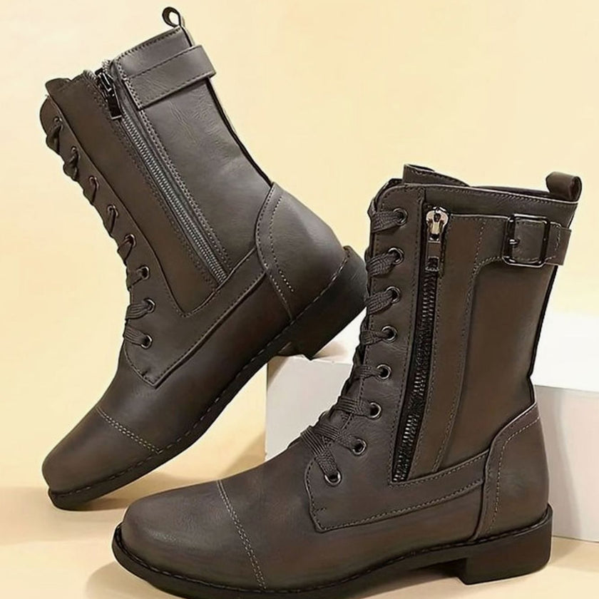 Combat Boots Faux Leather Lace Up Side Zip Chunky Sole Mid Calf Boots | Eleanor