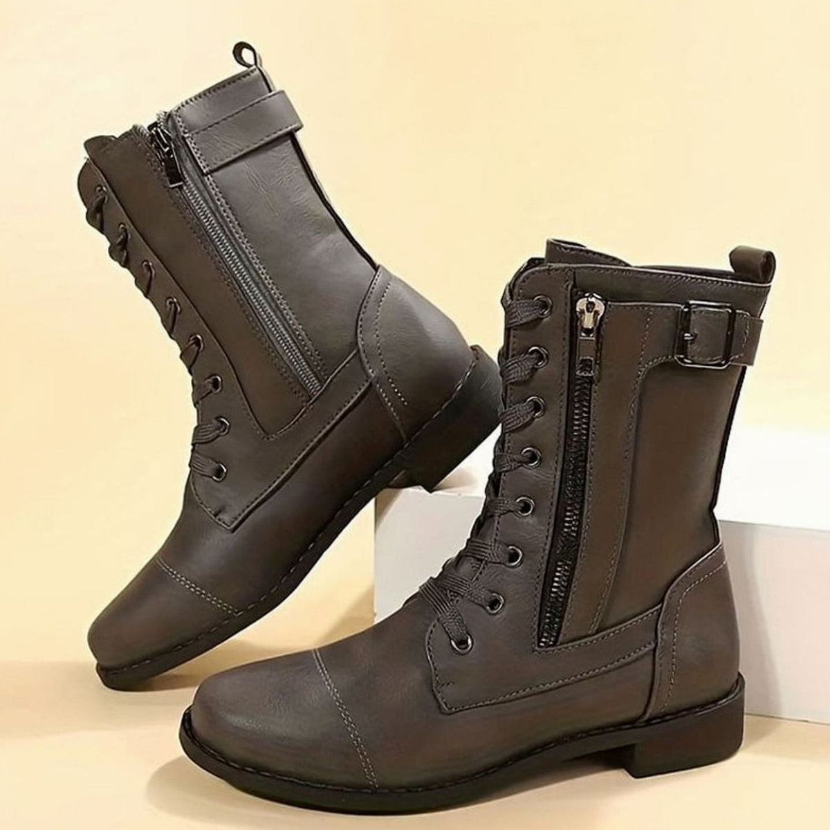 Combat Boots Faux Leather Lace Up Side Zip Chunky Sole Mid Calf Boots | Eleanor