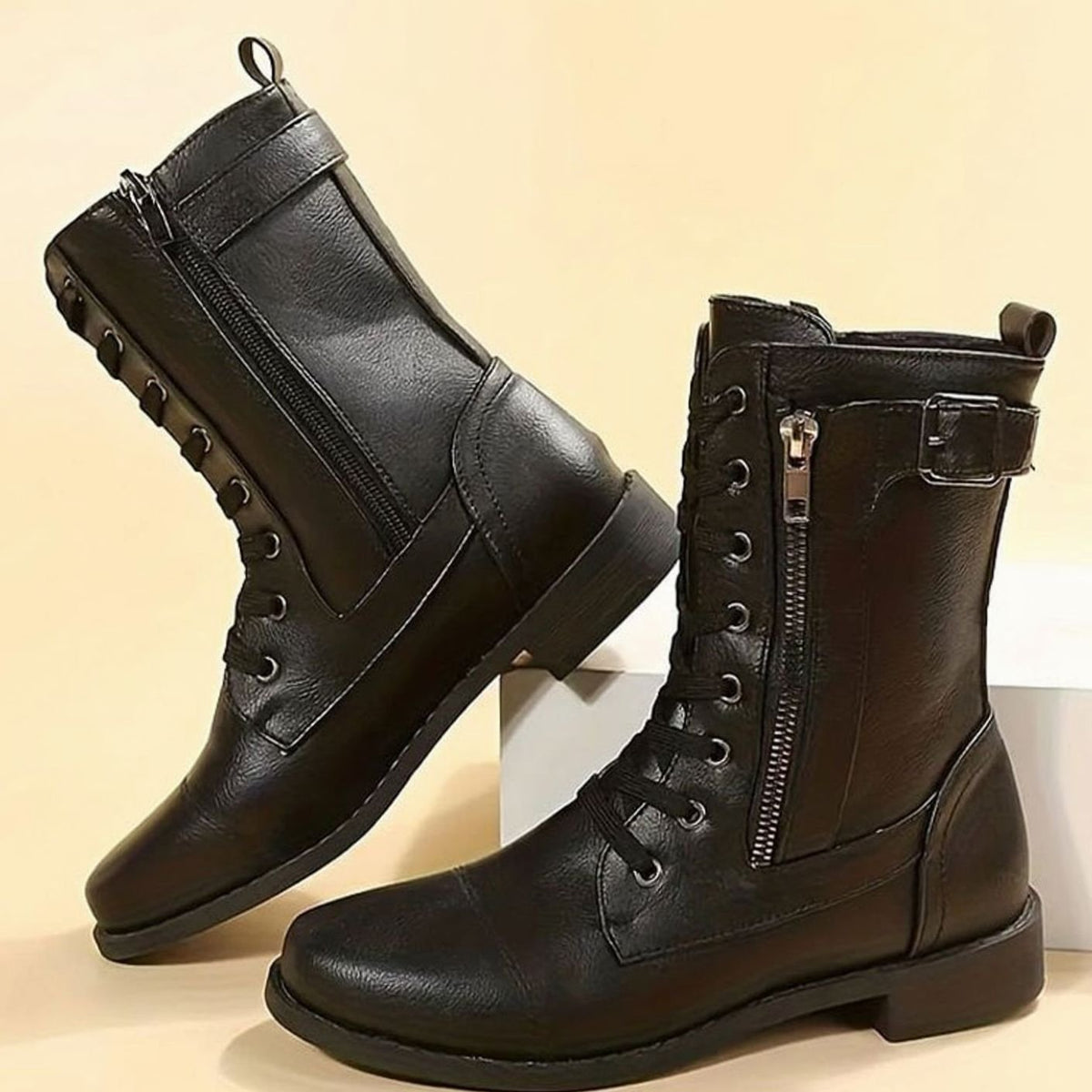 Combat Boots Faux Leather Lace Up Side Zip Chunky Sole Mid Calf Boots | Eleanor