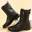 Combat Boots Faux Leather Lace Up Side Zip Chunky Sole Mid Calf Boots | Eleanor