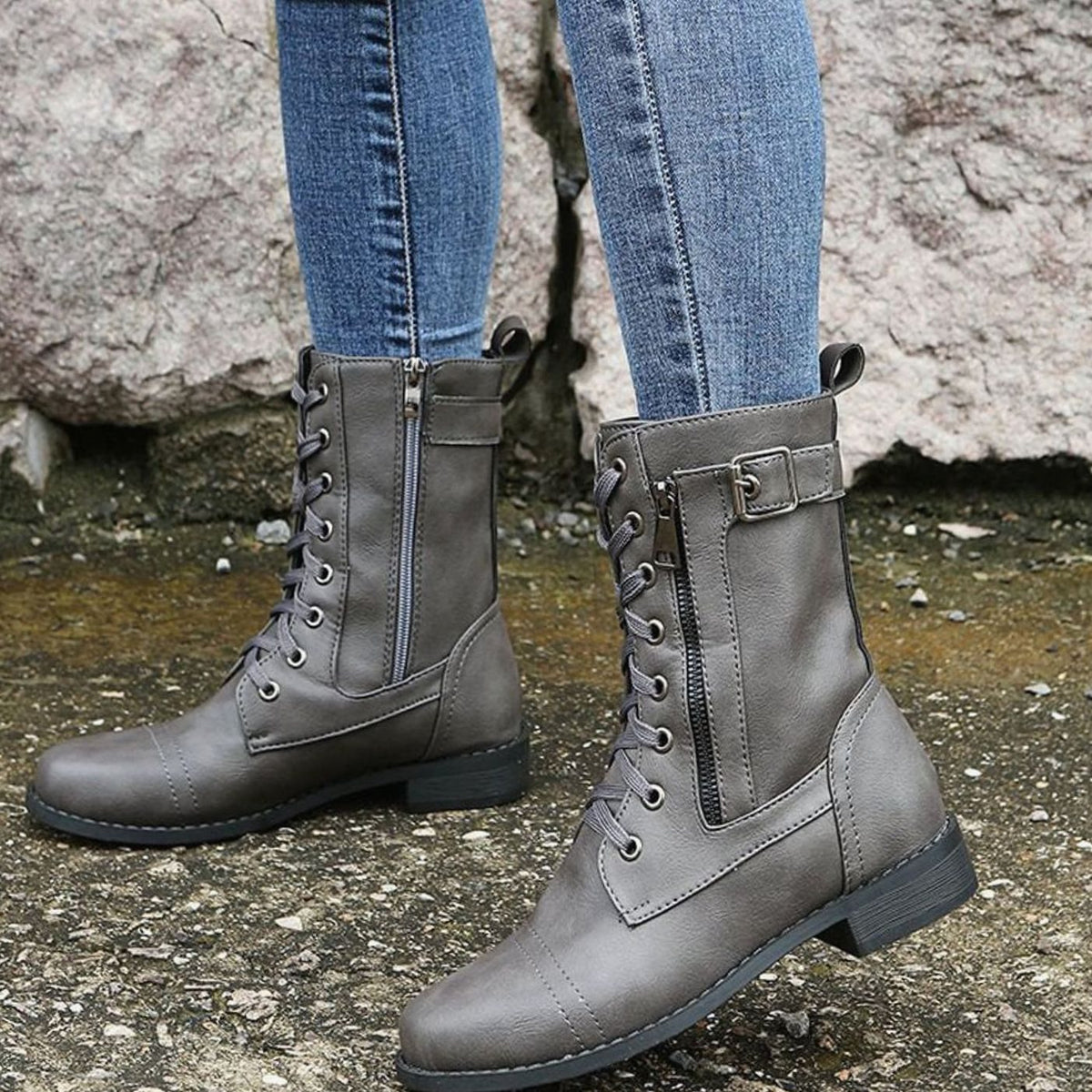Combat Boots Faux Leather Lace Up Side Zip Chunky Sole Mid Calf Boots | Eleanor