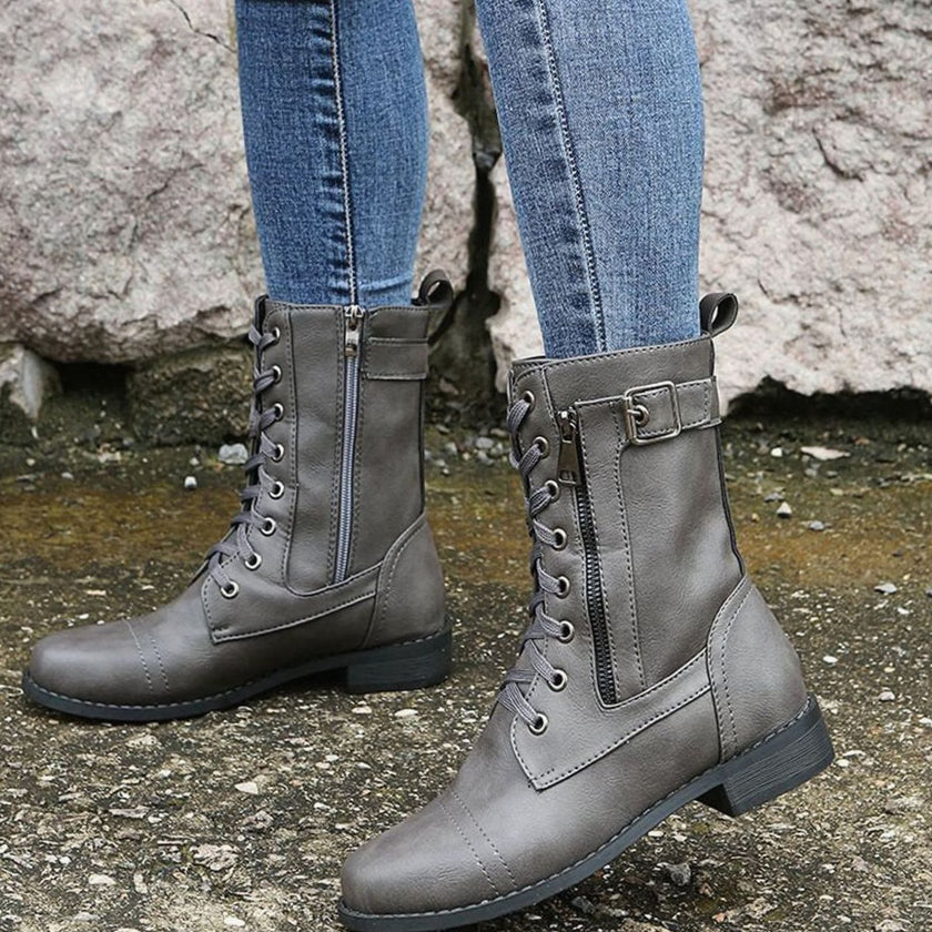 Combat Boots Faux Leather Lace Up Side Zip Chunky Sole Mid Calf Boots | Eleanor