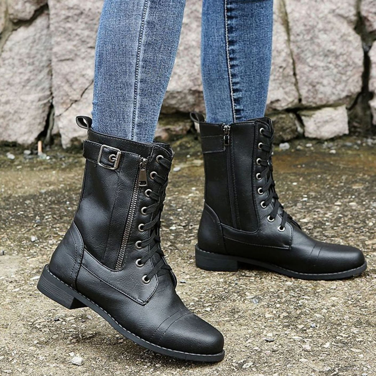 Combat Boots Faux Leather Lace Up Side Zip Chunky Sole Mid Calf Boots | Eleanor