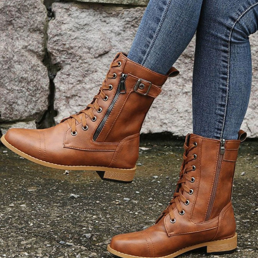 Combat Boots Faux Leather Lace Up Side Zip Chunky Sole Mid Calf Boots | Eleanor