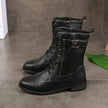 Combat Boots Faux Leather Lace Up Side Zip Chunky Sole Mid Calf Boots | Eleanor
