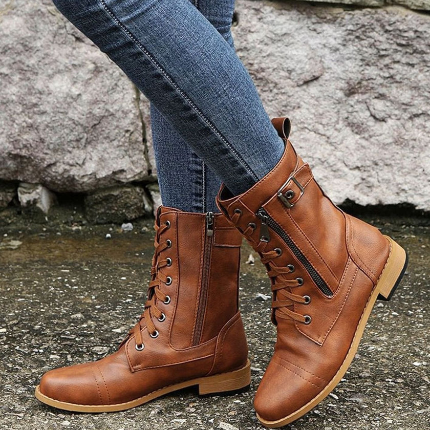 Combat Boots Faux Leather Lace Up Side Zip Chunky Sole Mid Calf Boots | Eleanor