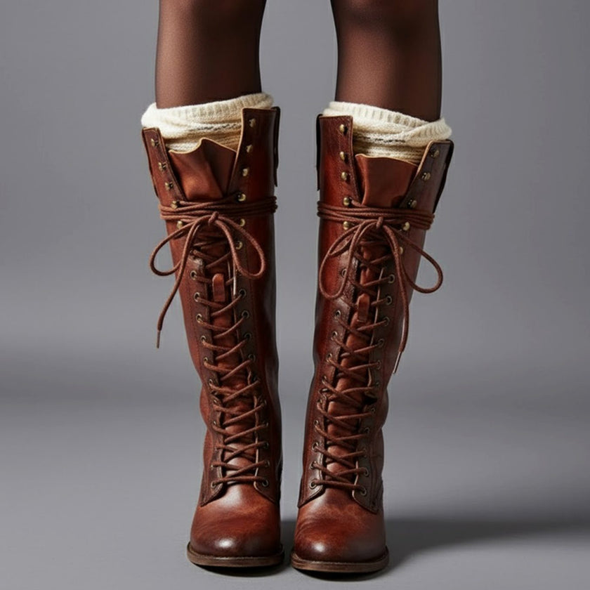 Maia | Women's Lace-Up Studded Block-Heel Knee-High Boots