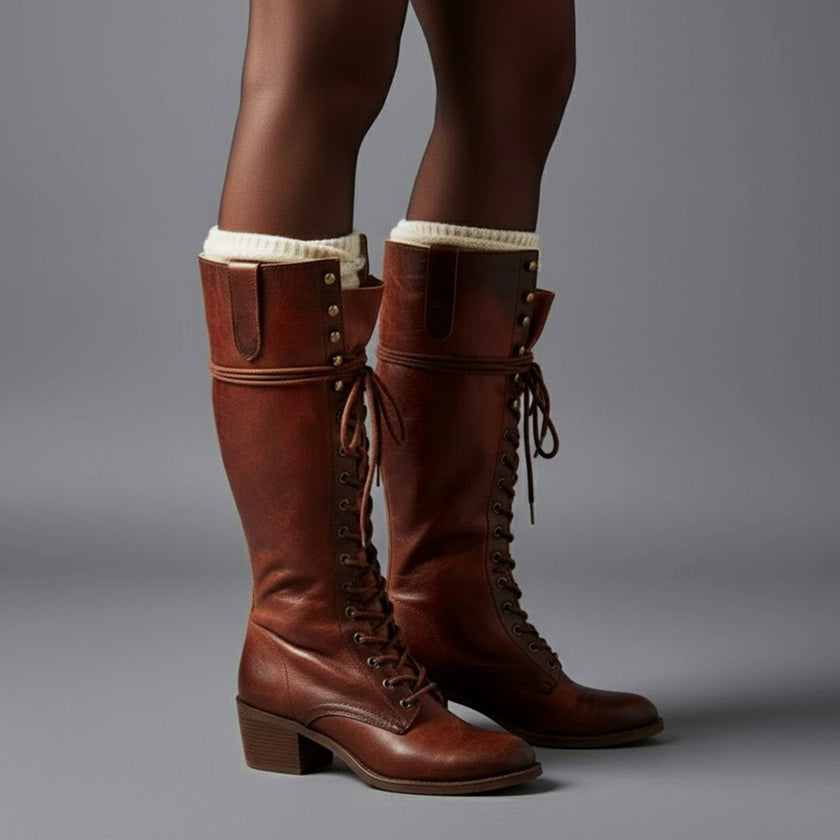 Maia | Women's Lace-Up Studded Block-Heel Knee-High Boots