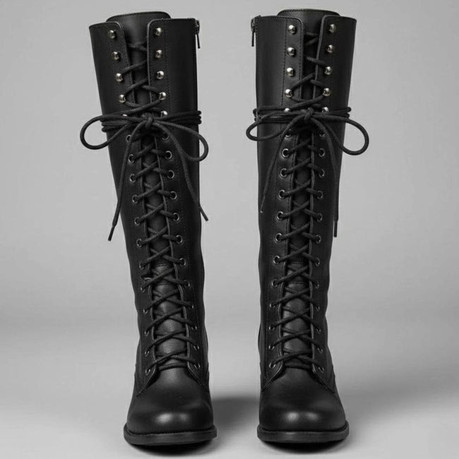 Maia | Women's Lace-Up Studded Block-Heel Knee-High Boots
