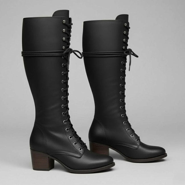 Maia | Women's Lace-Up Studded Block-Heel Knee-High Boots