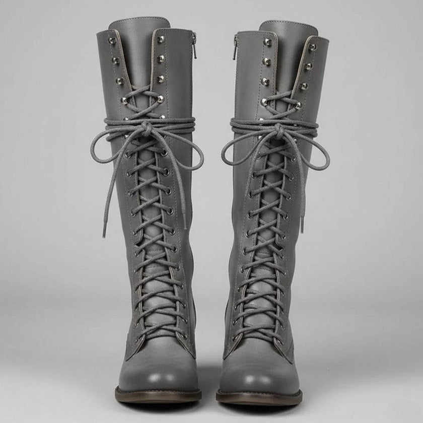 Maia | Women's Lace-Up Studded Block-Heel Knee-High Boots