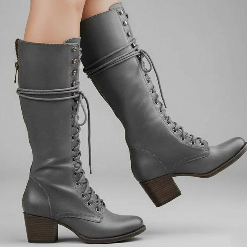 Maia | Women's Lace-Up Studded Block-Heel Knee-High Boots
