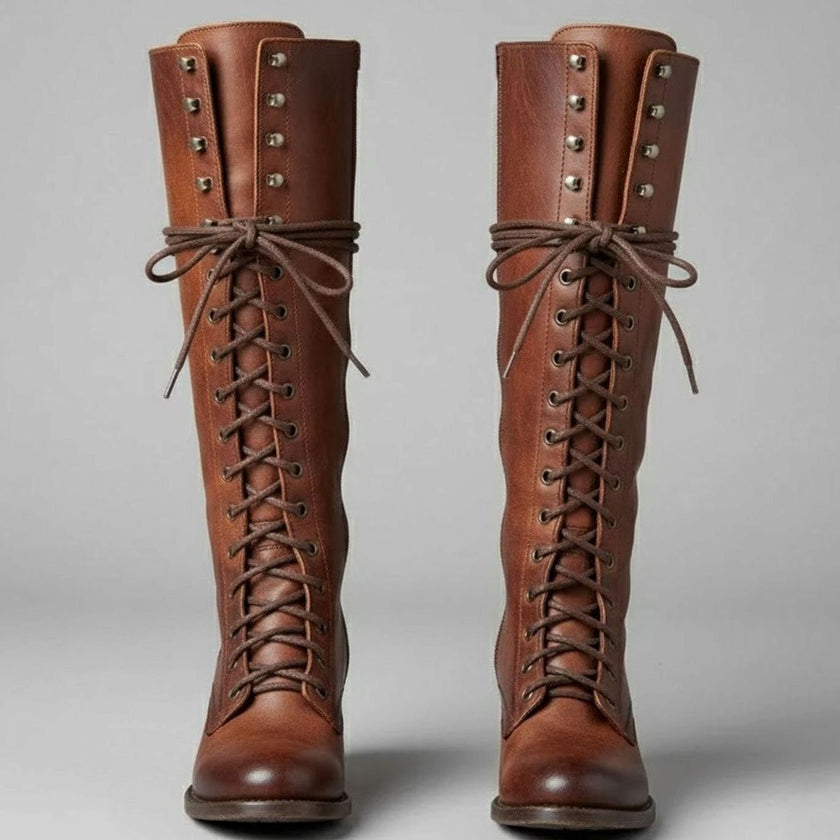 Maia | Women's Lace-Up Studded Block-Heel Knee-High Boots