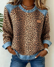 Aria | Women's Leopard Print Denim Patchwork Pullover Sweater with Crew-Neck for Winter