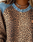 Aria | Women's Leopard Print Denim Patchwork Pullover Sweater with Crew-Neck for Winter