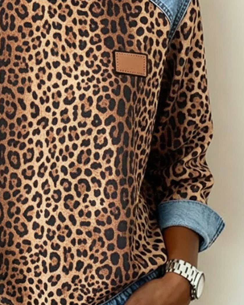 Aria | Women's Leopard Print Denim Patchwork Pullover Sweater with Crew-Neck for Winter