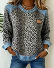 Aria | Women's Leopard Print Denim Patchwork Pullover Sweater with Crew-Neck for Winter