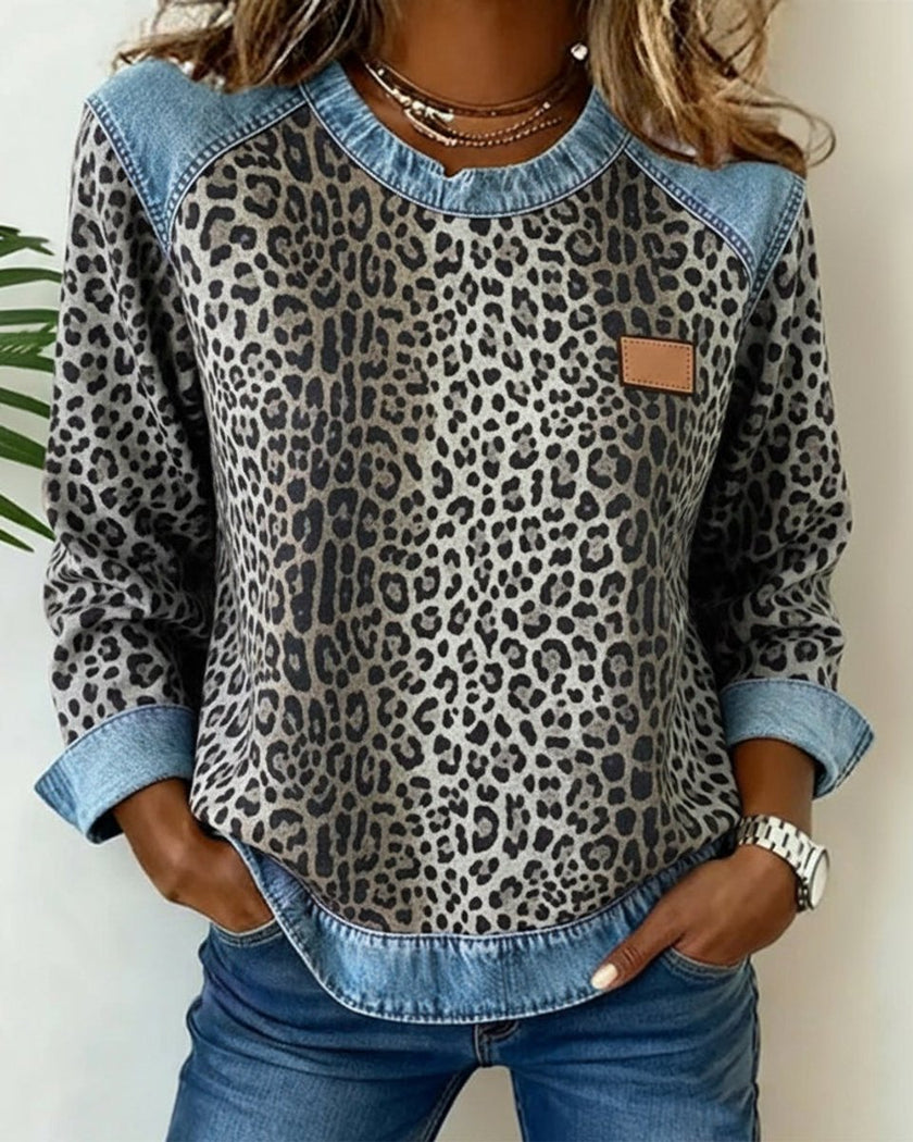 Aria | Women's Leopard Print Denim Patchwork Pullover Sweater with Crew-Neck for Winter