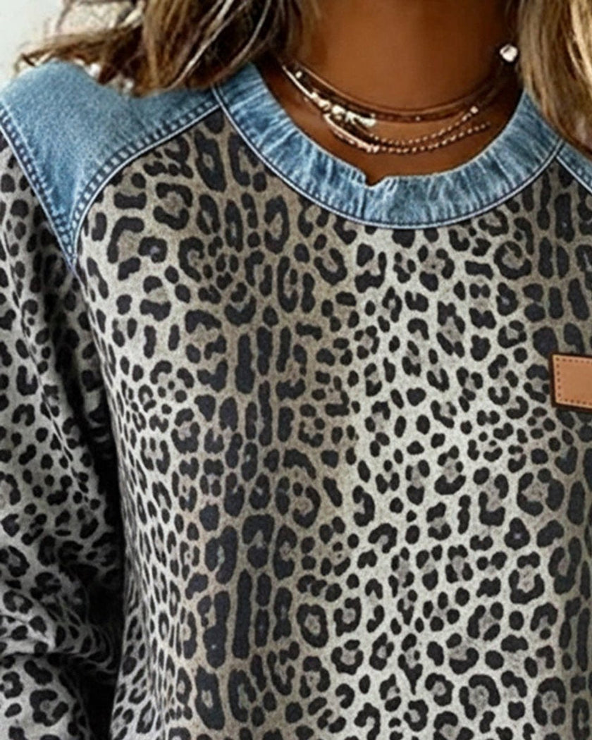 Aria | Women's Leopard Print Denim Patchwork Pullover Sweater with Crew-Neck for Winter