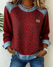 Aria | Women's Leopard Print Denim Patchwork Pullover Sweater with Crew-Neck for Winter