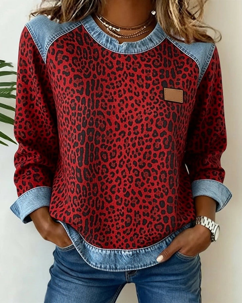 Aria | Women's Leopard Print Denim Patchwork Pullover Sweater with Crew-Neck for Winter