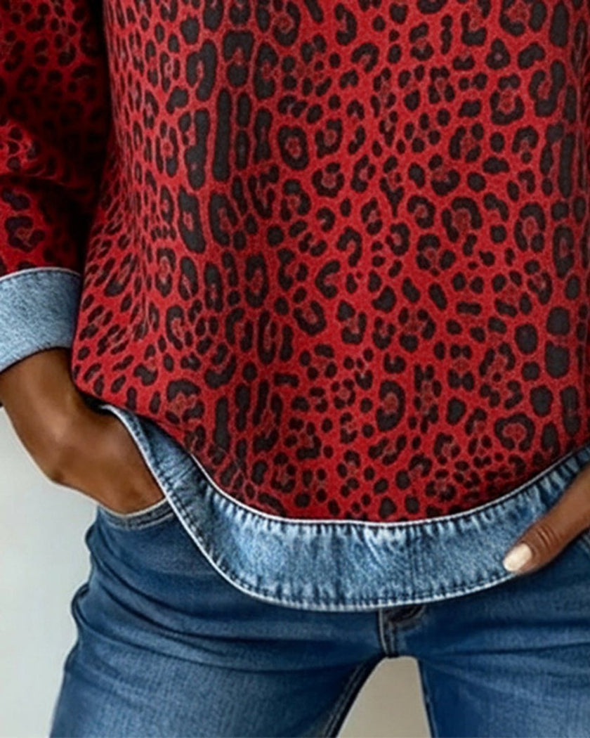 Aria | Women's Leopard Print Denim Patchwork Pullover Sweater with Crew-Neck for Winter