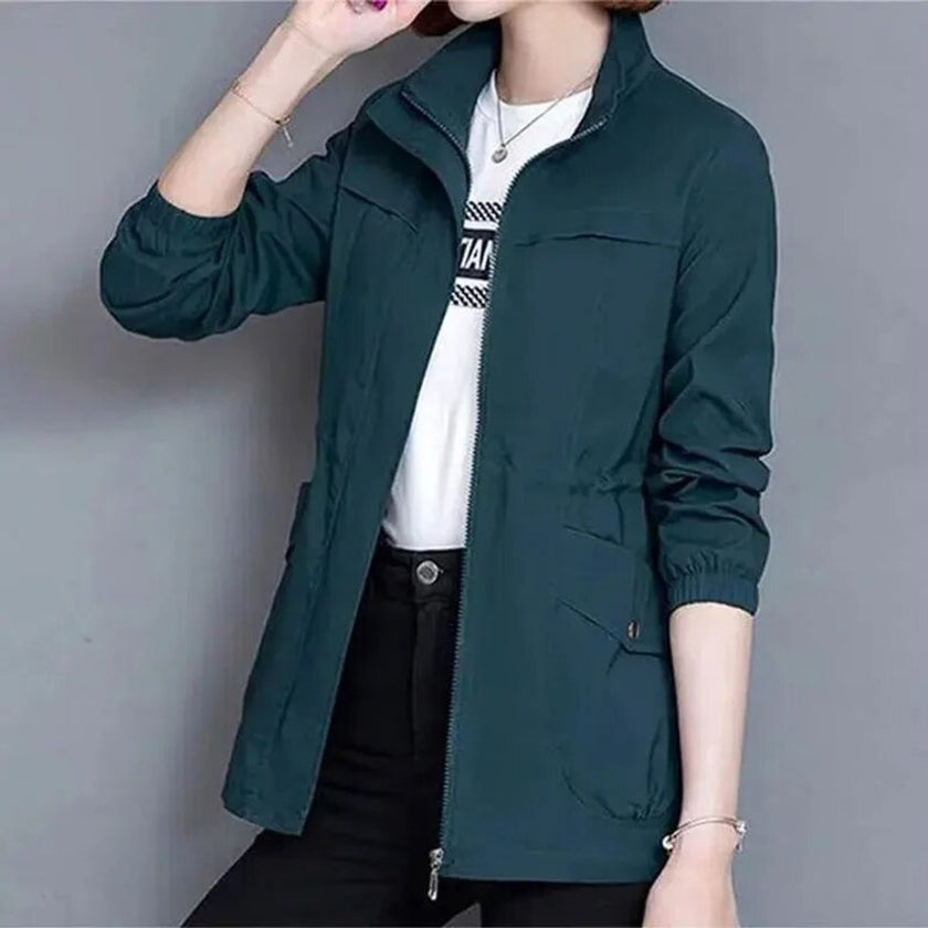 Bomber Jacket Women Lightweight Cropped Drawstring Waist Zip-Up