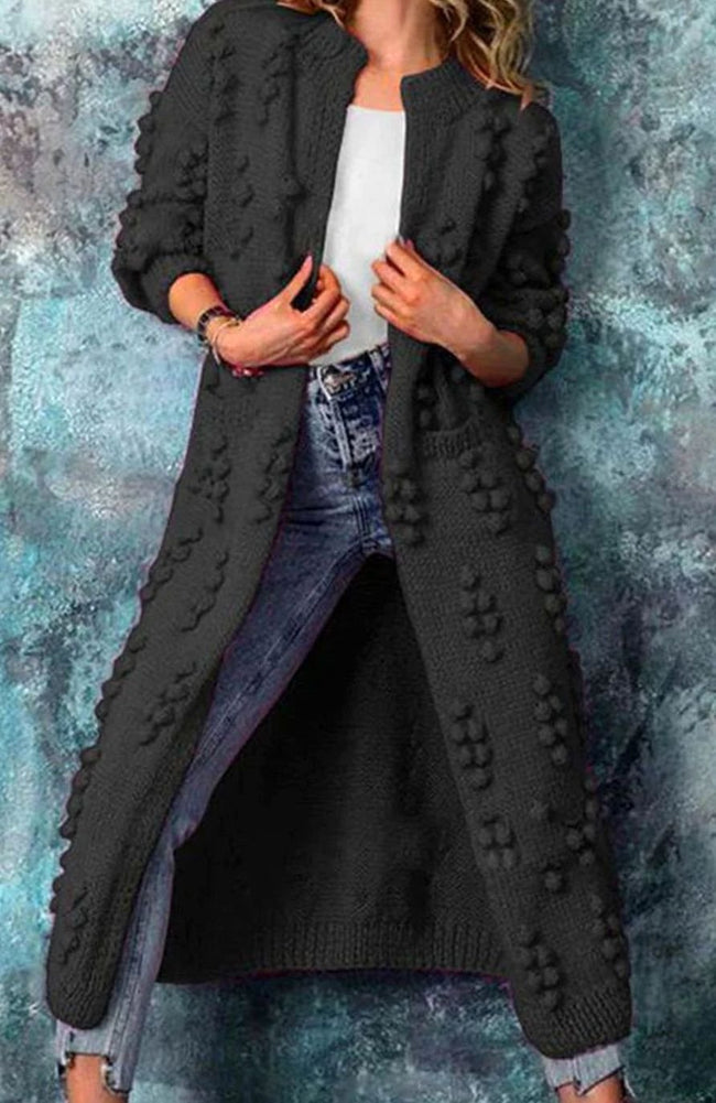 Roos | Women's Long Pom-Detail Open-Front Knit Cardigan Sweater with Cozy for Layering