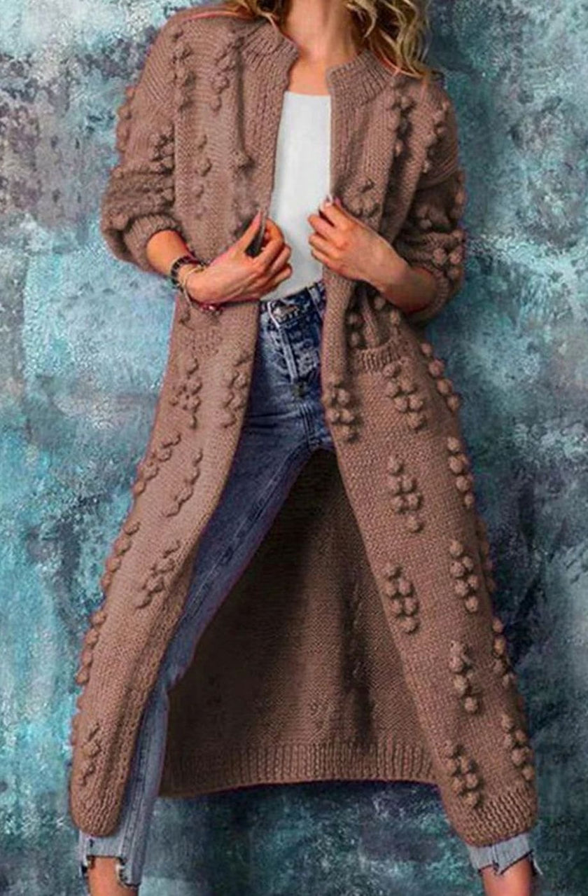 Roos | Women's Long Pom-Detail Open-Front Knit Cardigan Sweater with Cozy for Layering