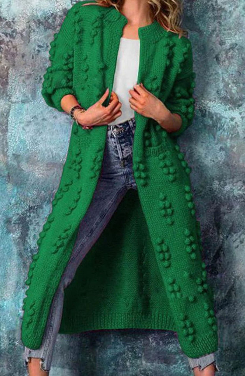 Roos | Women's Long Pom-Detail Open-Front Knit Cardigan Sweater with Cozy for Layering