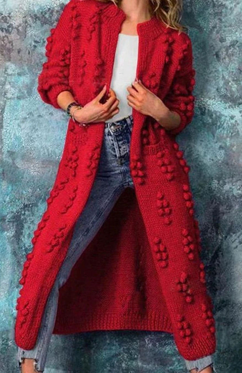 Roos | Women's Long Pom-Detail Open-Front Knit Cardigan Sweater with Cozy for Layering