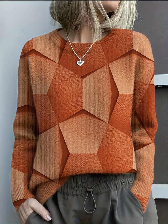 Olivia | Women's Long Sleeve Geometric Print Knit Sweater with Crew-Neck for Everyday