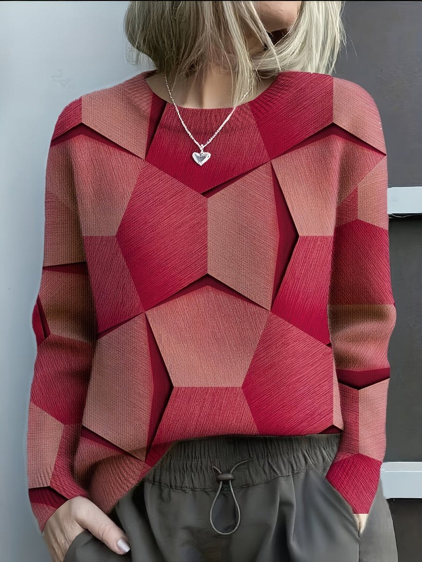 Olivia | Women's Long Sleeve Geometric Print Knit Sweater with Crew-Neck for Everyday