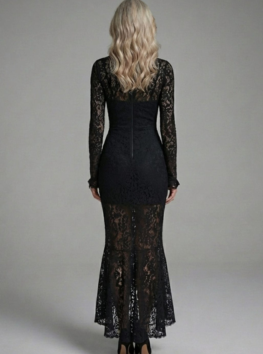 Charlotte | Women's Long Sleeve Mock Neck Lace Cocktail Dress Gown with Floral