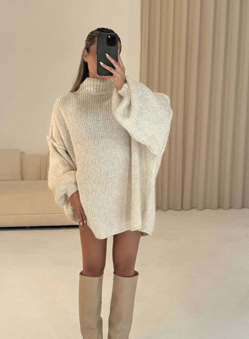 Fenna | Women's Loose Knit Sweater Oversized Mock-Neck Pullover with Turtleneck for Layering