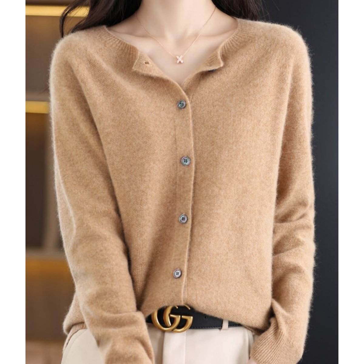 Merino Wool Sweater Button Up Oversized Round Neck Ribbed Collar Cardigan Jumper | Katarina