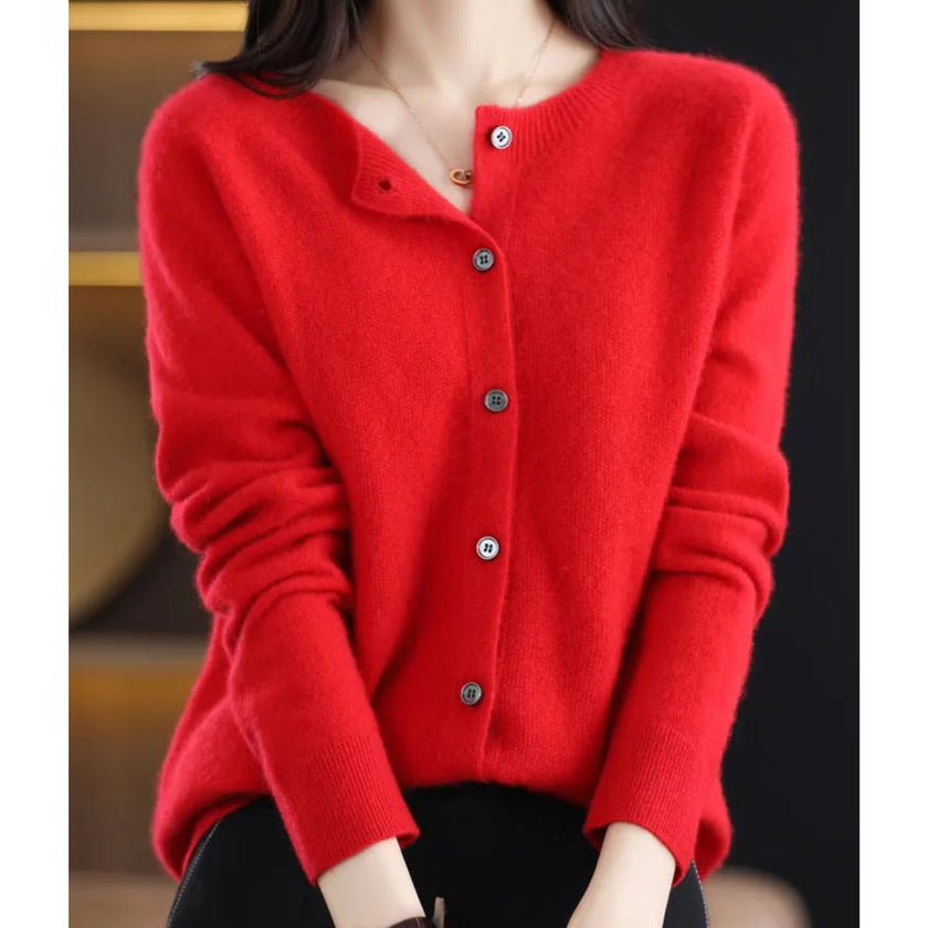 Mia | Women's Merino Wool Button-Front Knit Cardigan Sweater with Round-Neck for Autumn