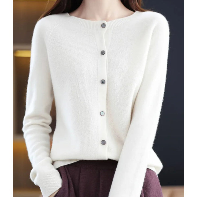 Mia | Women's Merino Wool Button-Front Knit Cardigan Sweater with Round-Neck for Autumn