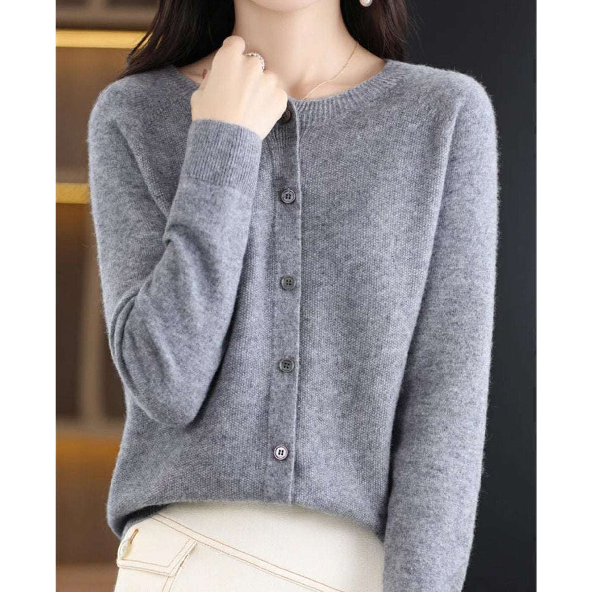 Merino Wool Sweater Button Up Oversized Round Neck Ribbed Collar Cardigan Jumper | Katarina