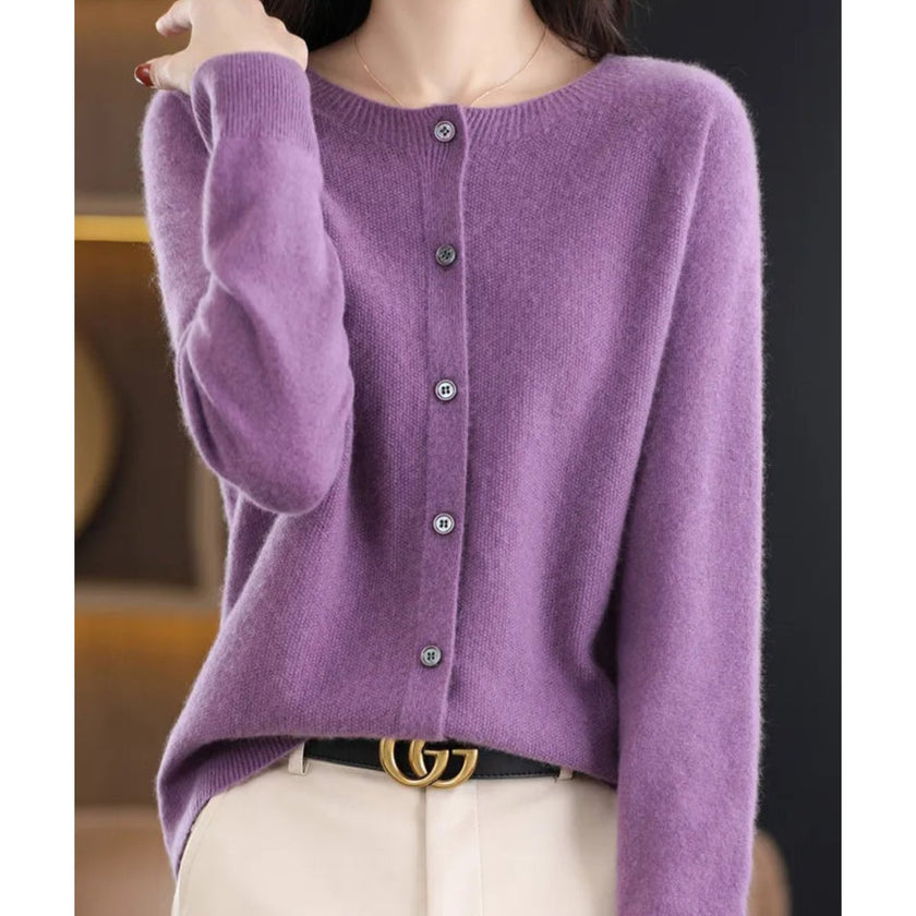 Mia | Women's Merino Wool Button-Front Knit Cardigan Sweater with Round-Neck for Autumn