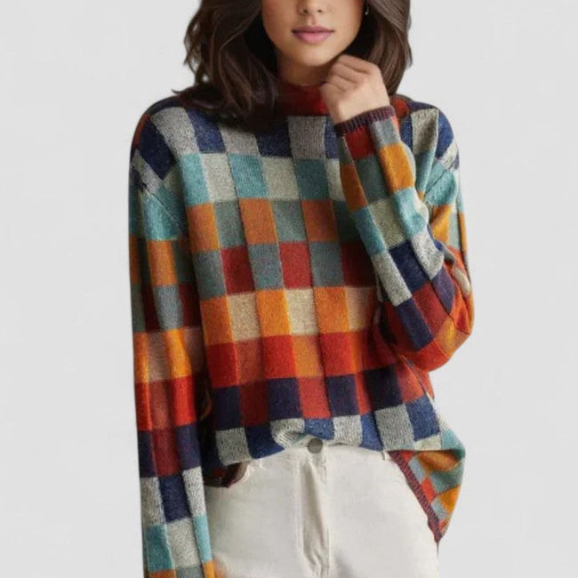 Lotte | Women's Multicolour Checked Mock-Neck Pullover Sweater with Color-Block for Everyday