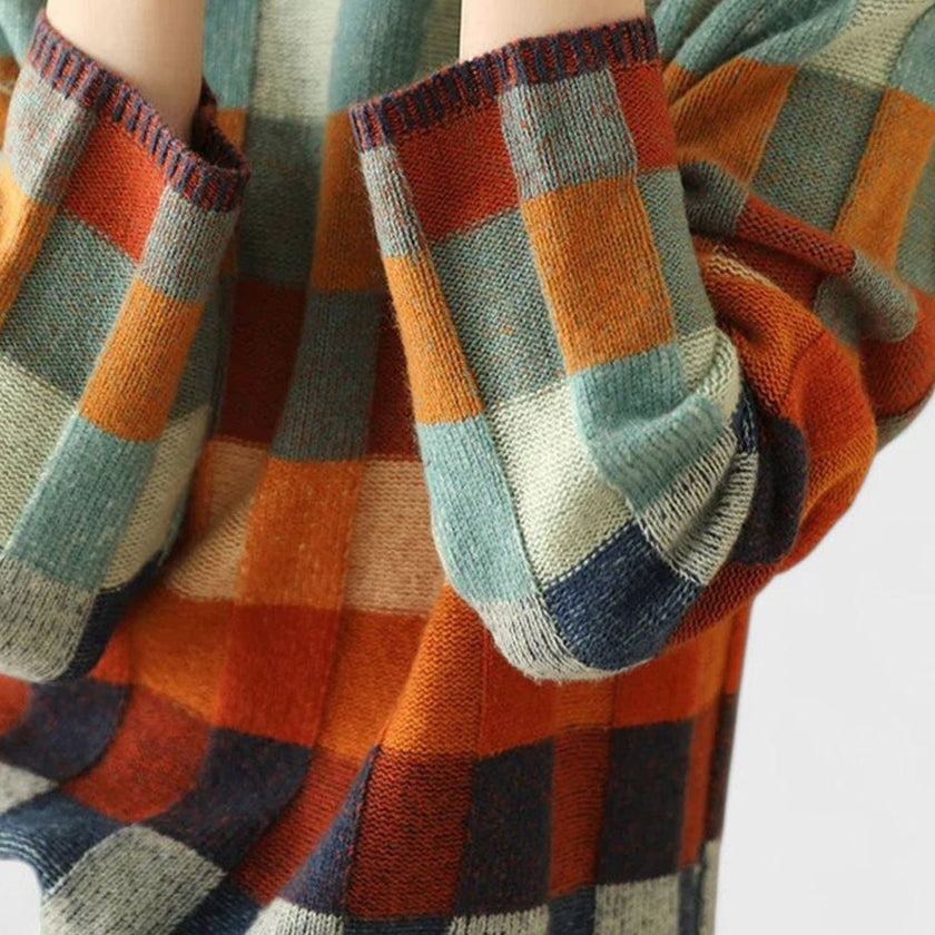 Lotte | Women's Multicolour Checked Mock-Neck Pullover Sweater with Color-Block for Everyday