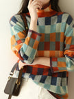 Grace | Women's Multicolour Plaid Turtleneck Knit Sweater with Checked for Casual