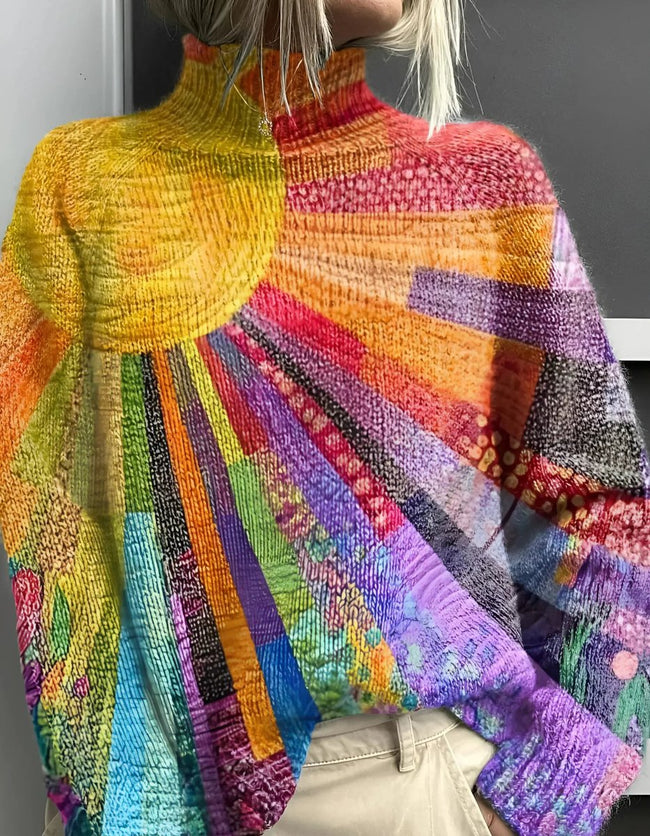 Victoria | Women's Multicolour Turtleneck Rainbow Knit Pullover Sweater with Roll-Neck for Casual