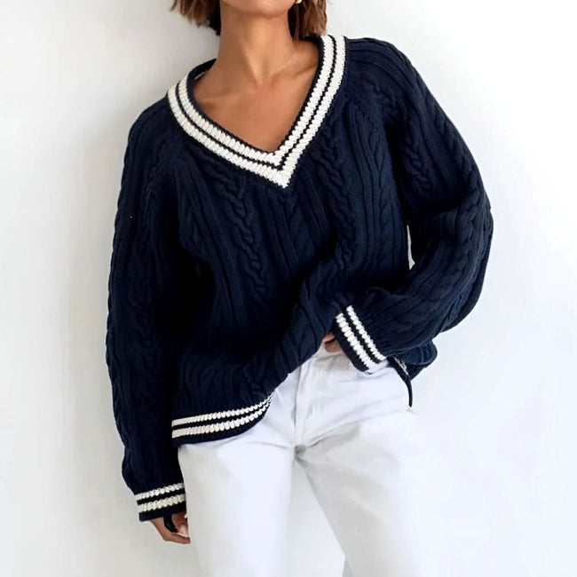 Lieke | Women's Oversized Cable-Knit V-Neck Pullover Sweater with Striped for Layering