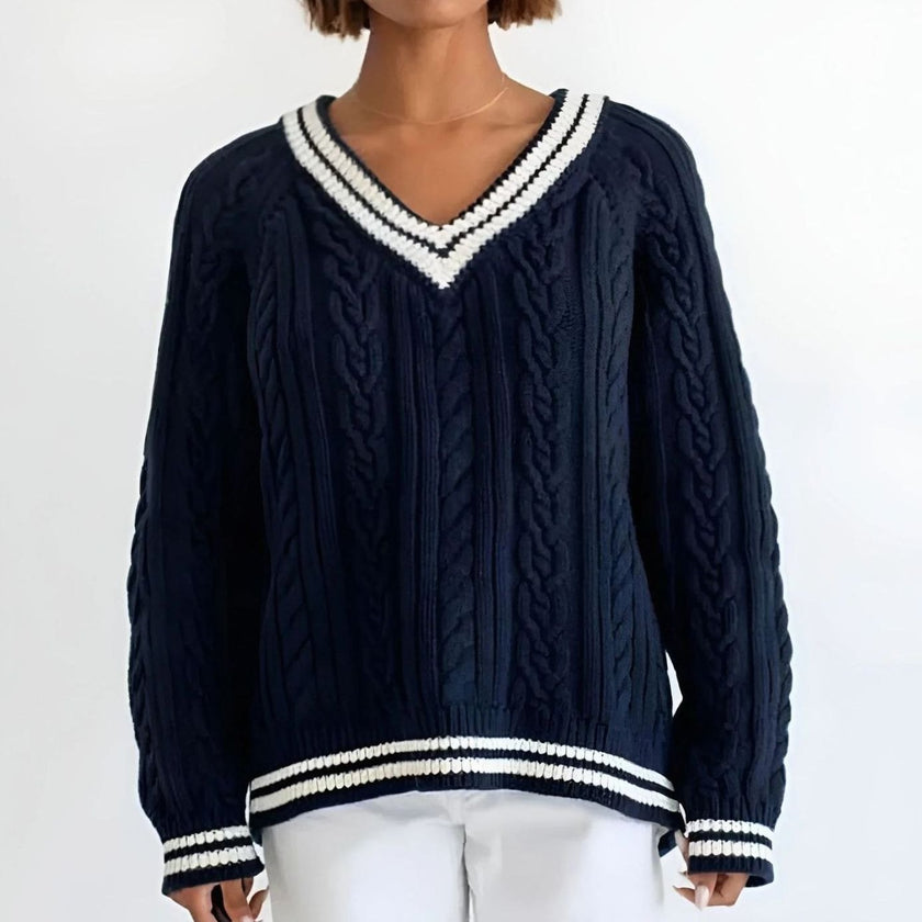 Lieke | Women's Oversized Cable-Knit V-Neck Pullover Sweater with Striped for Layering