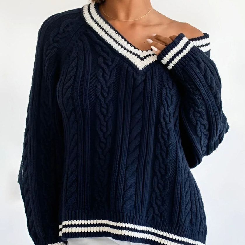 Lieke | Women's Oversized Cable-Knit V-Neck Pullover Sweater with Striped for Layering